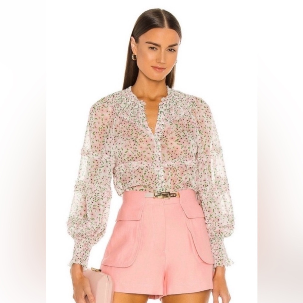 NWOT • Alice + Olivia Margery Sheer Floral Ruffle Blouse -white, pink, green